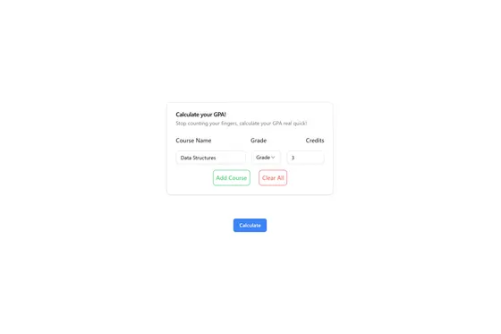 The GPA calculator with course rows filled in