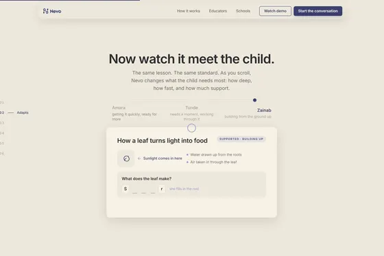The Nevo learning platform: a lesson panel with three learner columns and a question input